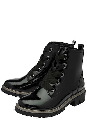 Lotus Black Patent Lace-Up Ankle Boots