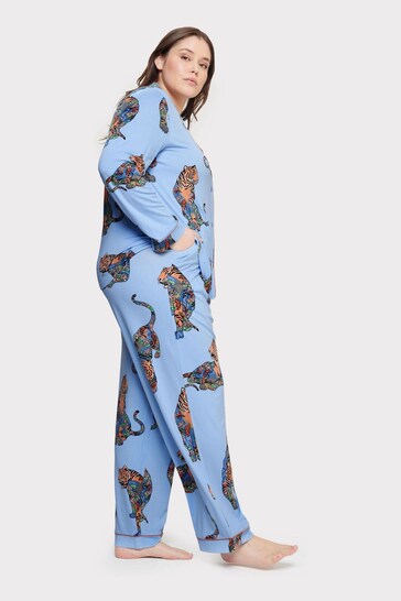Chelsea Peers Blue Curve Lotus Tiger Print Long Pyjama Set