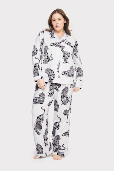 Chelsea Peers White Curve Organic Cotton Lotus Tiger Print Long Pyjama Set