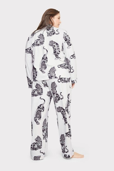 Chelsea Peers White Curve Organic Cotton Lotus Tiger Print Long Pyjama Set