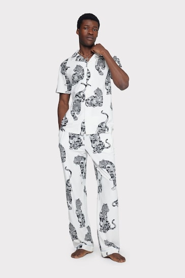 Chelsea Peers White/Black Satin Lotus Tiger Print Long Pyjama Set