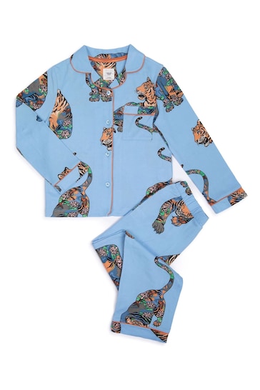 Chelsea Peers Blue Lotus Tiger Print Long Kids Pyjama Set