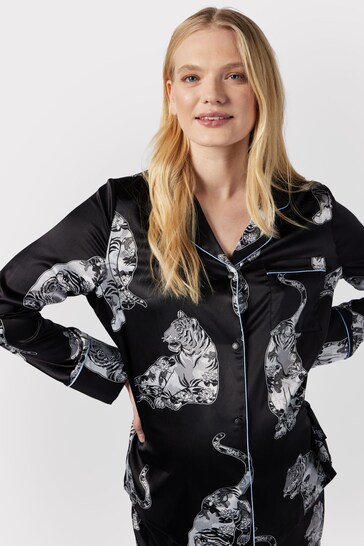 Chelsea Peers Black Maternity Curve Satin Lotus Tiger Print Long Pyjama Set