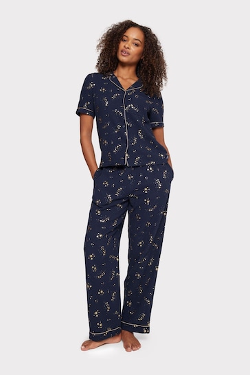 Chelsea Peers Blue Cotton Cheesecloth Foil Star Print Long Pyjama Set