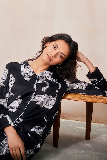 Chelsea Peers Black Satin Lotus Tiger Print Long Pyjama Set