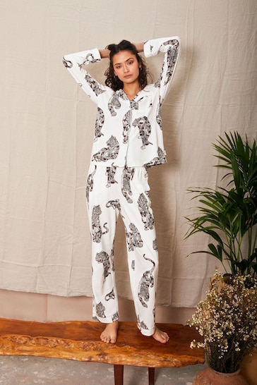 Chelsea Peers White Organic Cotton Lotus Tiger Print Long Pyjama Set