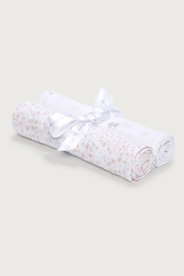 The White Company Organic Cotton Hoppy Bunny And Floral White Muslin 2 Pack
