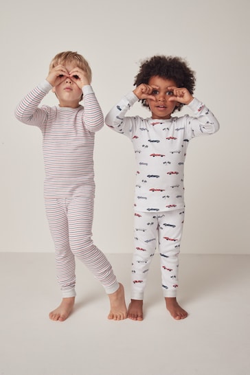 The White Company Slim Fit Organic Cotton Race Car And Stripe White Pyjamas Set Of Two