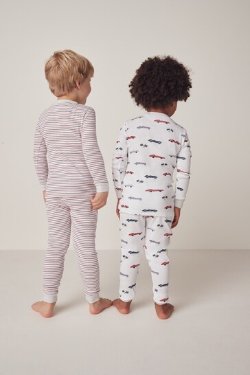 The White Company Slim Fit Organic Cotton Race Car And Stripe White Pyjamas Set Of Two