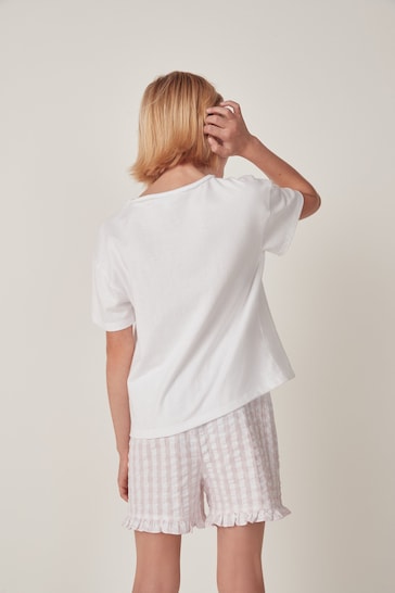 The White Company Organic Cotton Heart Embroidered Gingham Shortie White Pyjamas