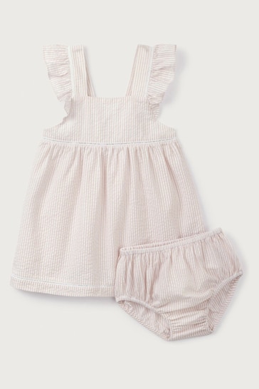 The White Company Pink Cotton Seersucker Stripe Ruffle Pinafore Dress