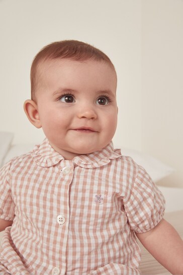 The White Company Pink Cotton Gingham Embroidered Shortie Sleepsuit