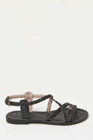 FatFace Black Daphne Leather Braided Sandals