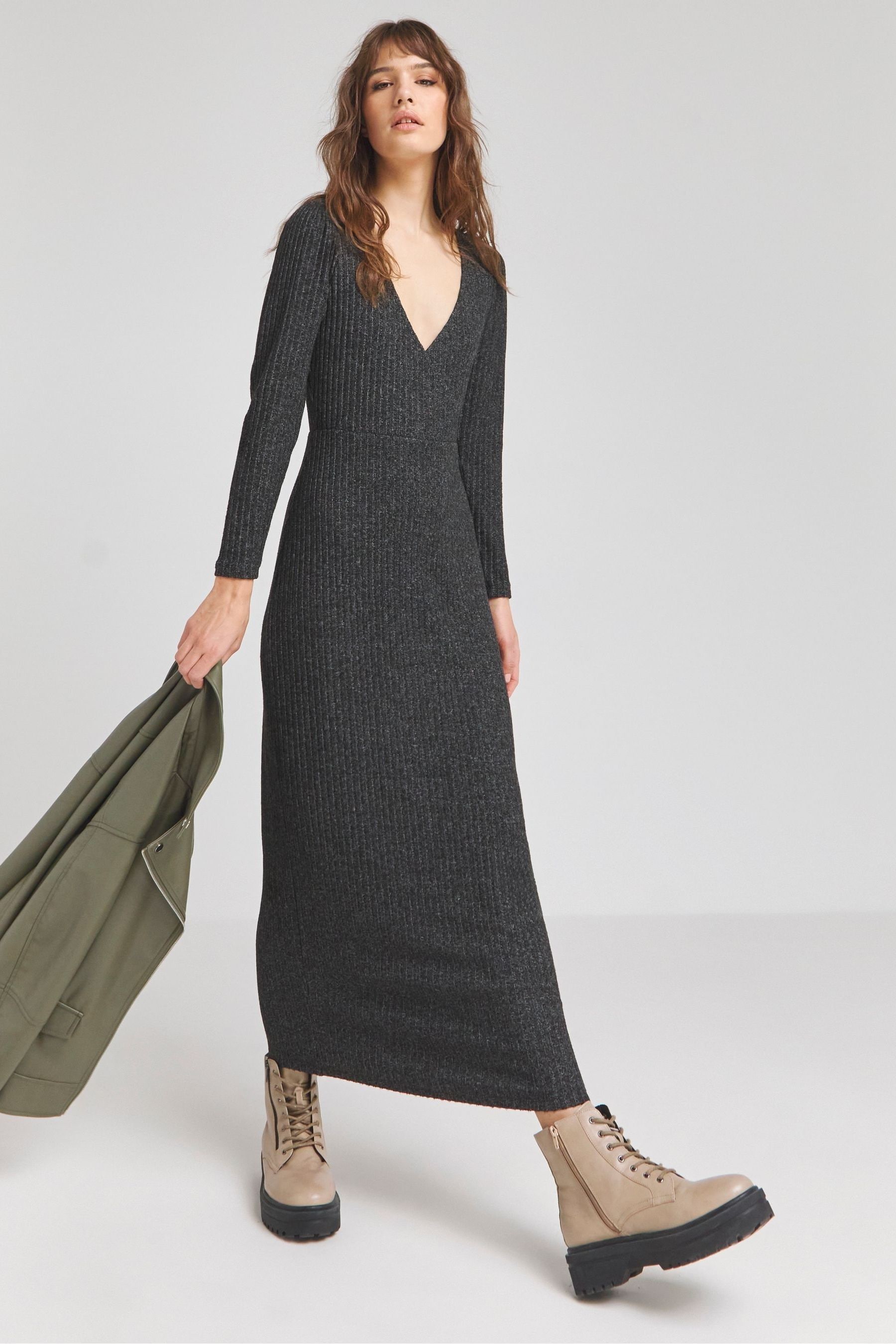 Simply Be Marl Cosy Rib Wrap Front Black Maxi Dress