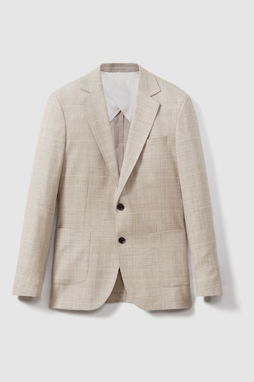 Reiss Oatmeal Boxhill Slim Fit Linen Blend Check Single Breasted Blazer