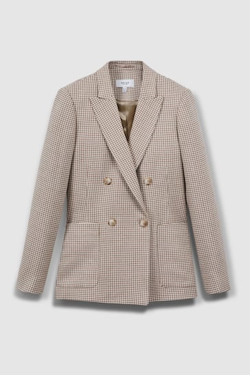 Reiss Beige Check Ella Wool Blend Double Breasted Dogtooth Blazer