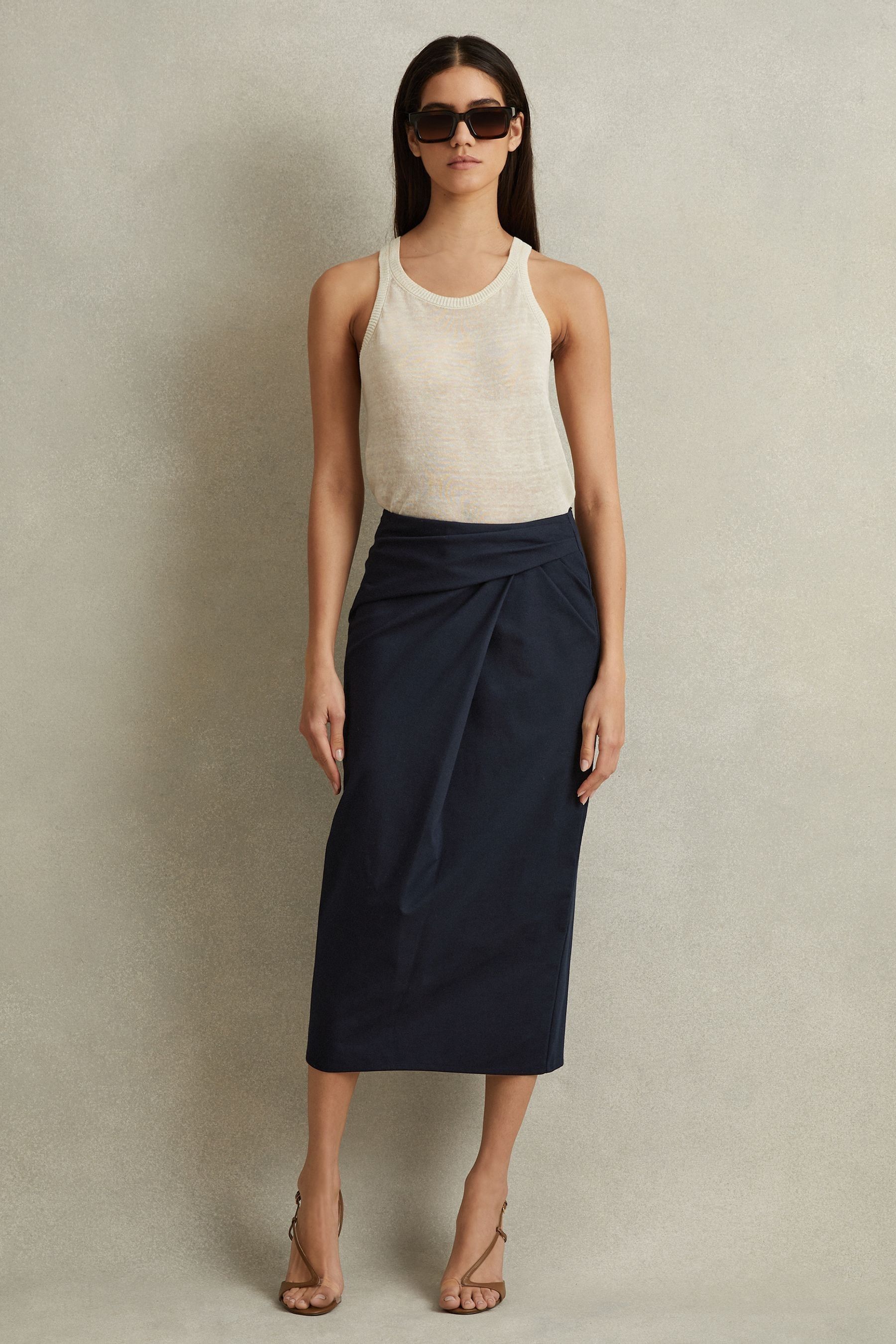 Nadia Cotton Blend Wrap Front Midi Skirt