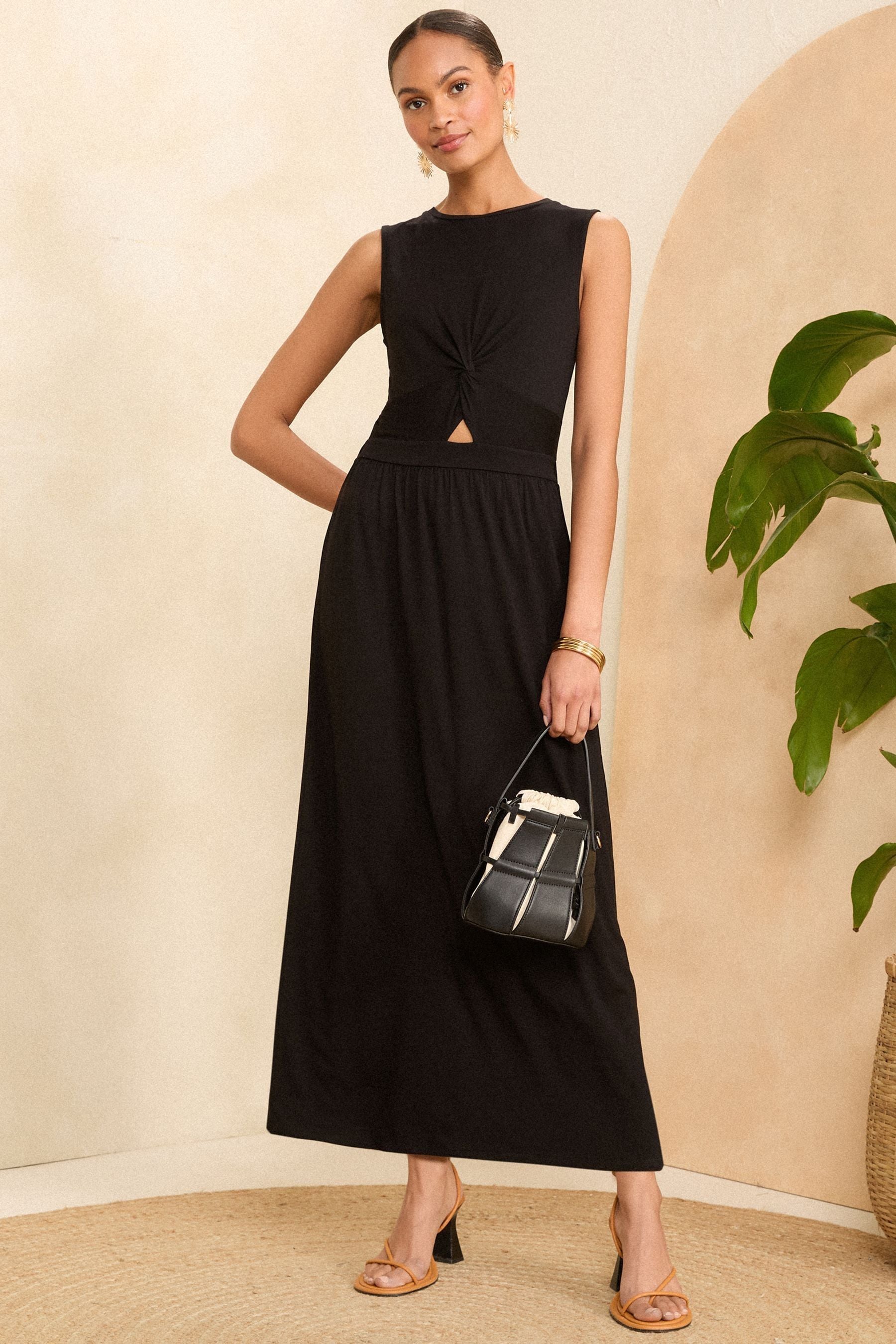 Love Roses Black Knot Front Jersey Sleevless Midi Dress