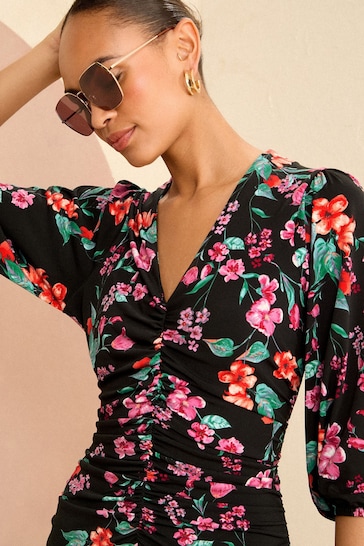 Love & Roses Black Floral Ruched 3/4 Sleeve Jersey Midi Dress