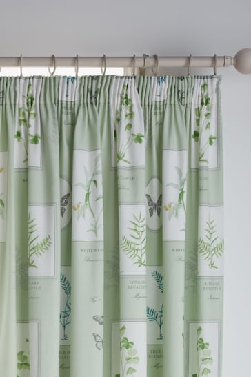 D&D Green Floral Garden Lined Pair of Pencil Pleat Curtains