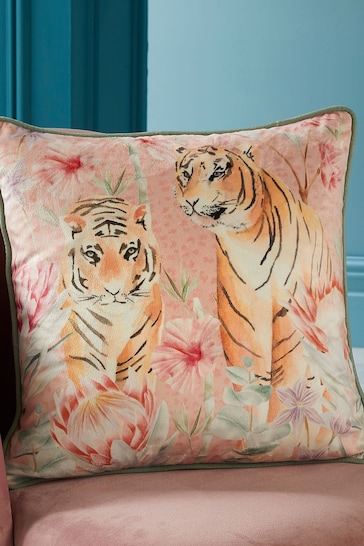 Soiree Coral Pink/Camel Brown Tropical Leopard Luxe Velvet Filled Cushion