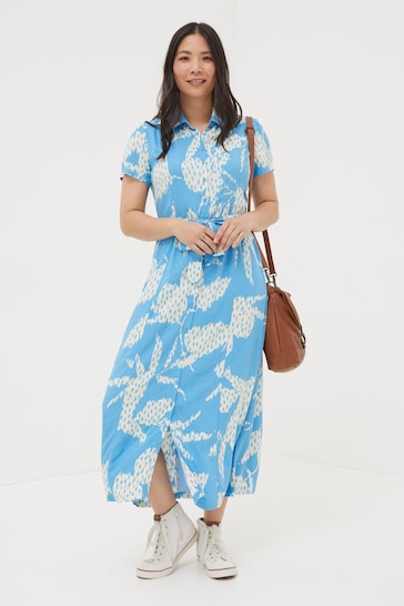 FatFace Blue Aster Textured Leaves Midi Dress