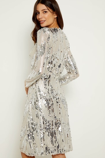 Sosandar Silver Scattered Sequin V-Neck Dress