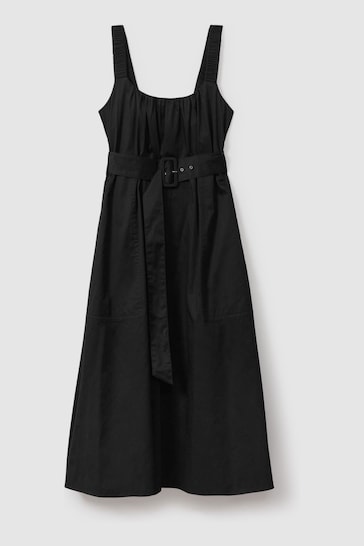 Reiss Black Liza Petite Cotton Ruched Strap Belted Midi Dress