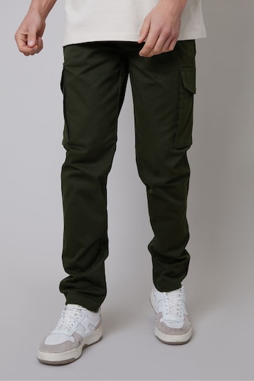 Threadbare Forest Green Cotton Cargo Pocket Chino Trousers With Stretch