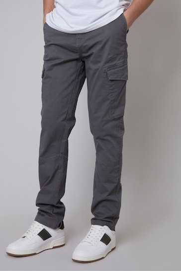 Threadbare Grey Cotton Cargo Trousers With Stretch