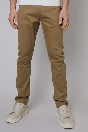 Threadbare Brown Cotton Slim Fit 5 Pocket Chino Trousers With Stretch