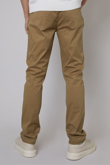 Threadbare Brown Cotton Slim Fit 5 Pocket Chino Trousers With Stretch