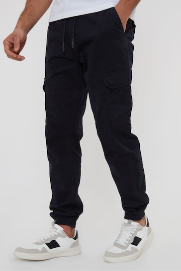 Threadbare Black Cotton Jogger Style Cargo Trousers With Stretch