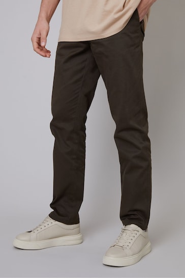 Threadbare Dark Brown Cotton Regular Fit Chino Trousers with Stretch