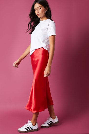 Threadbare Red Satin Midi Skirt