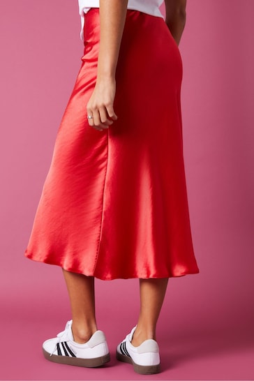 Threadbare Red Satin Midi Skirt