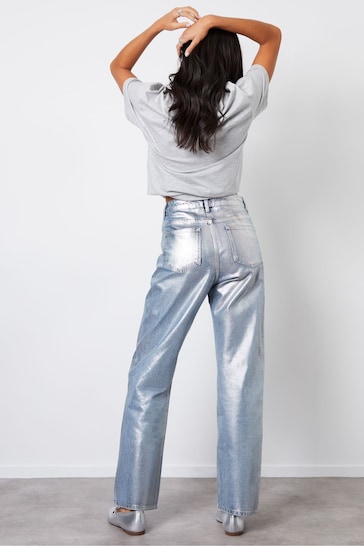 Threadbare Silver Wide Leg Coated Metallic Denim Jeans