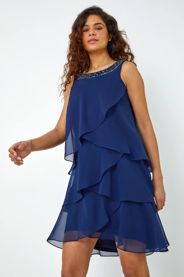 Roman Blue Bead Embellished Tiered Chiffon Dress