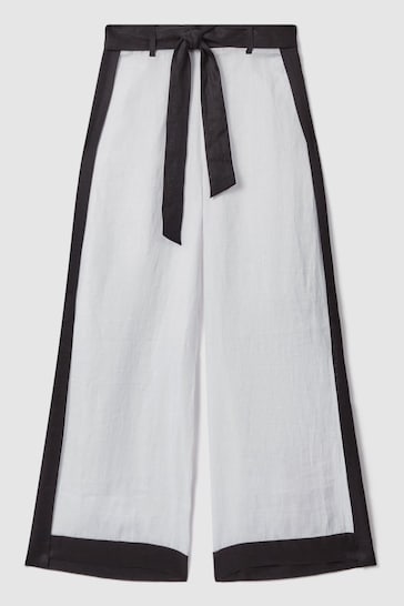 Reiss White/Navy Harlow Linen Side Split Trousers