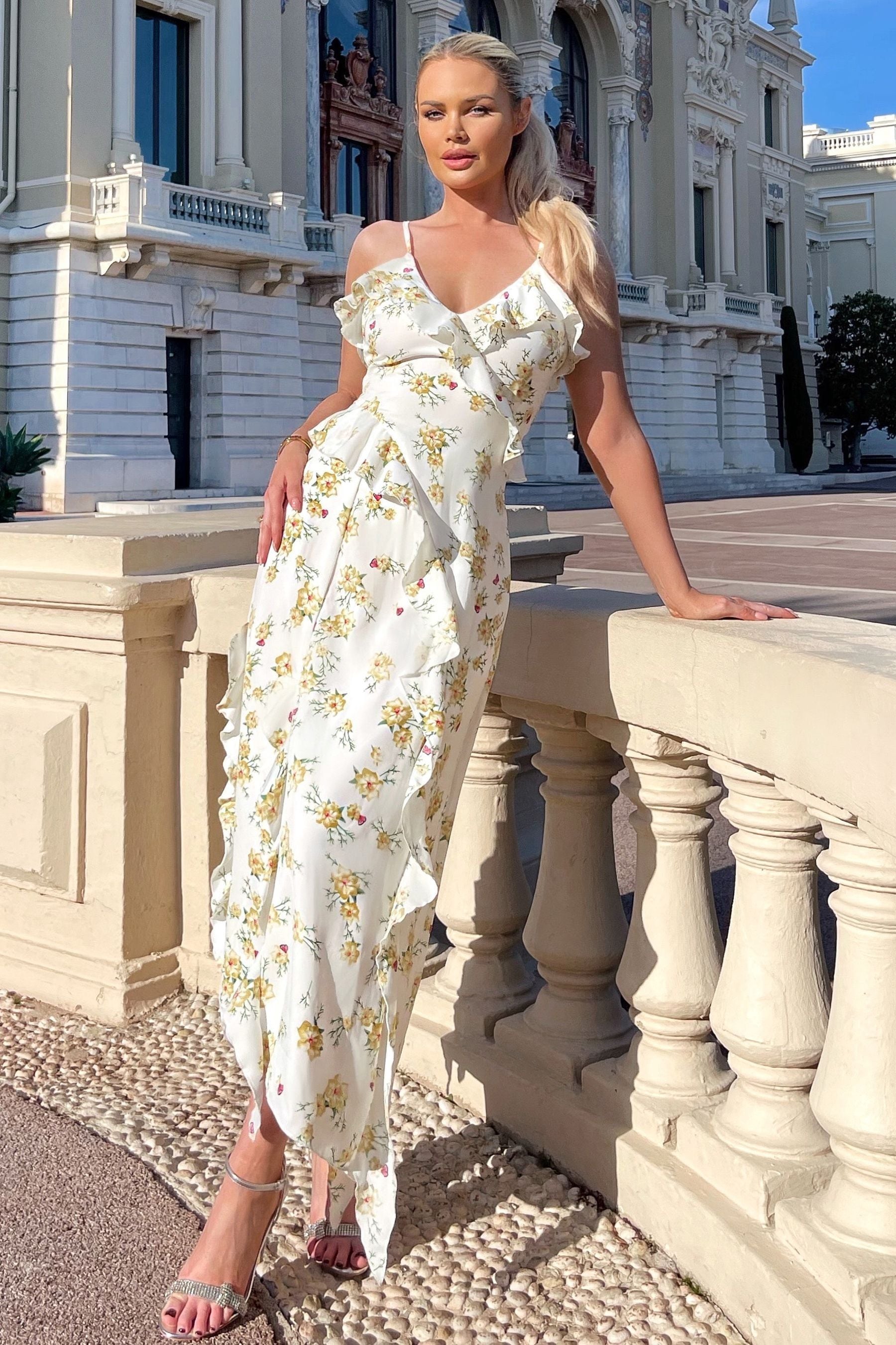 Buy AX Paris Cream Floral Printed Strappy Frill Hem Midi Dress from the Next UK online shop