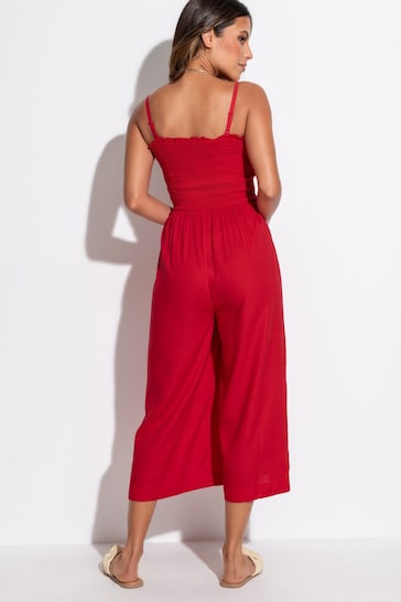 Pour Moi Red Strapless Shirred Bodice Crop Leg Beach Jumpsuit