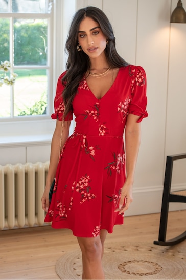 Pour Moi Red Floral Bella Fuller Bust Slinky Stretch Tie Sleeve Mini Dress