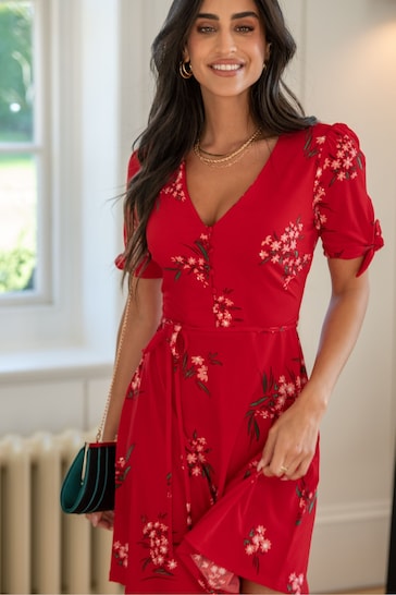 Pour Moi Red Floral Bella Fuller Bust Slinky Stretch Tie Sleeve Mini Dress
