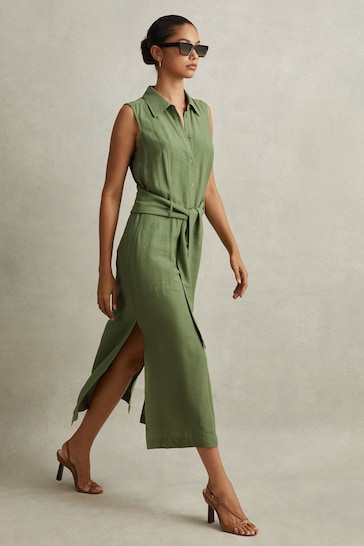 Reiss Green Morgan Petite Viscose Blend Belted Shirt Dress