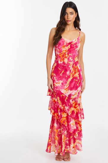 Quiz Pink Chiffon Smudge Print Cowl Front Maxi Dress