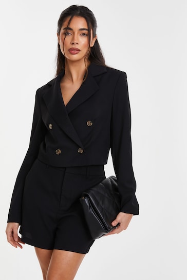 Quiz Black Woven Double Breasted Cropped Tailored Blazer