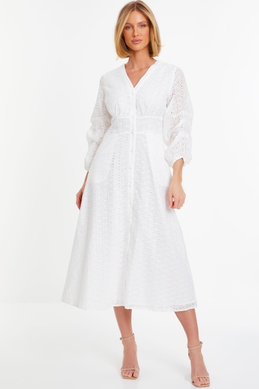 Quiz White Broderie Anglaise Midi Dress With Long Sleeves