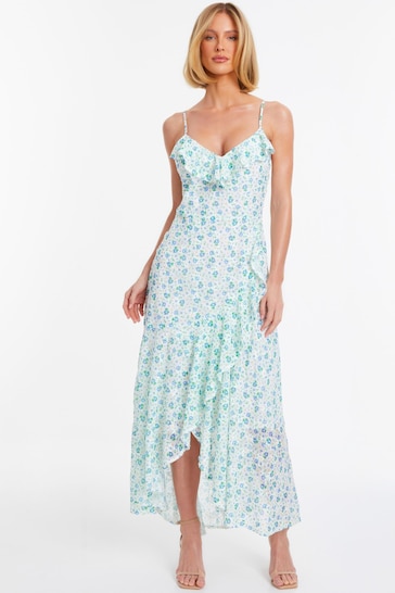 Quiz White Ditsy Floral Chiffon Strappy Maxi Dress With Ruffle Details