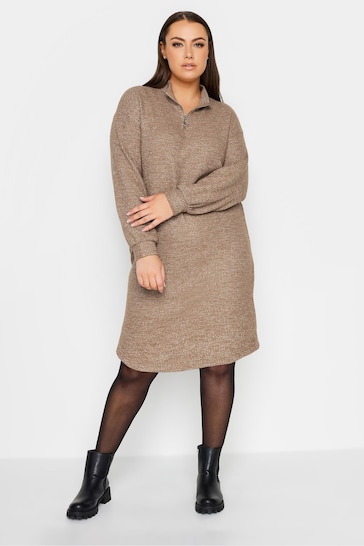 Yours Curve Brown Soft Touch Ribbed Half Zip Midi Dress