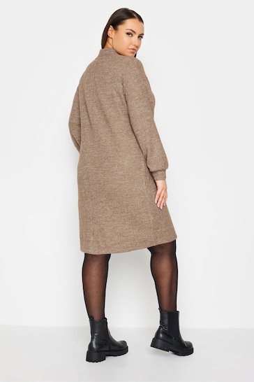 Yours Curve Brown Soft Touch Ribbed Half Zip Midi Dress